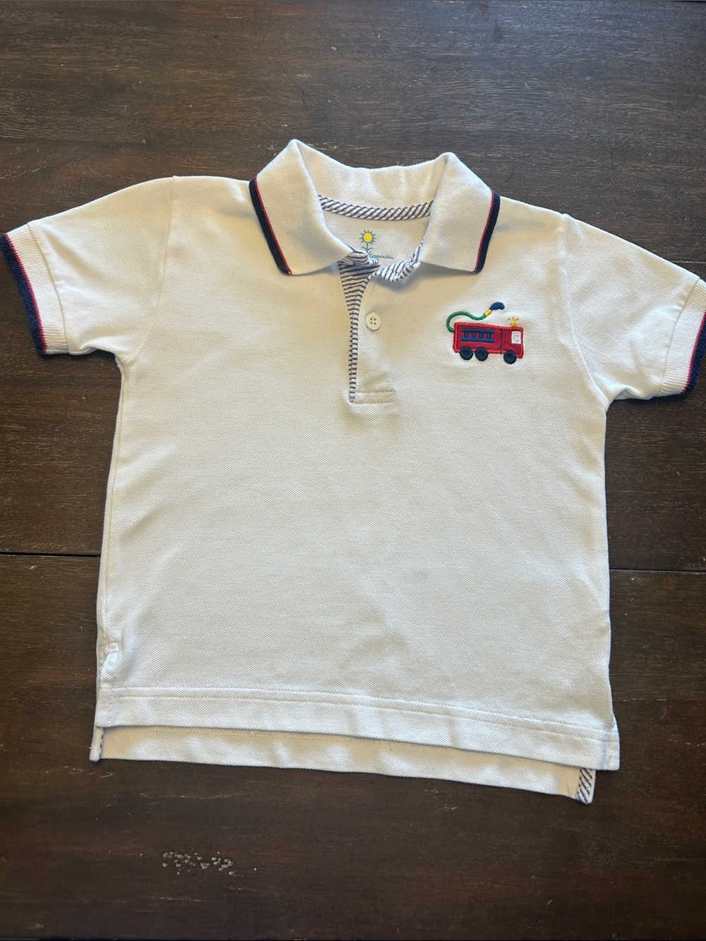 Florence Eiseman White Cotton Polo Blue/ Red Trim with Fire Truck